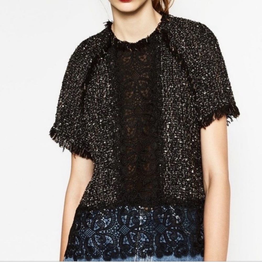 Zara Black Tweed and Lace Short Sleeve Blouse Size Small
